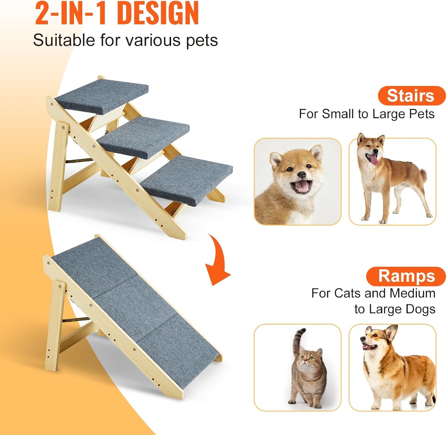 VEVOR Wood Pet Stairs, 2-Step Dog Stairs for Beds, Sofa & Cars, 110lbs Load Capacity, Floded Flat Design, Stable & Sturdy Cat & Dog Step Ladder for Small Medium Large Older Pet Puppy Essentials