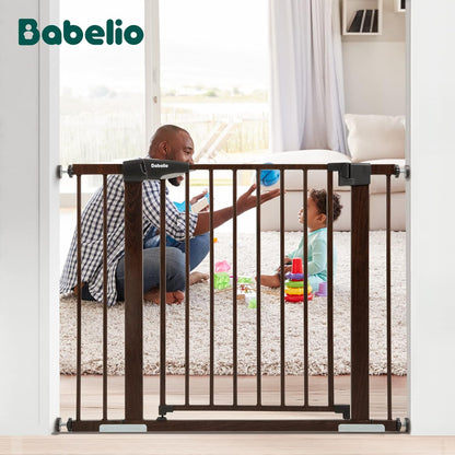 BABELIO Baby Metal Gate Extension with Wood Pattern, 5.5'' Extra Wide Pet Gate for Stairs & Doorways, Pressure Mounted Baby Gate Dog Gate, No Tools Required, 30'' Tall