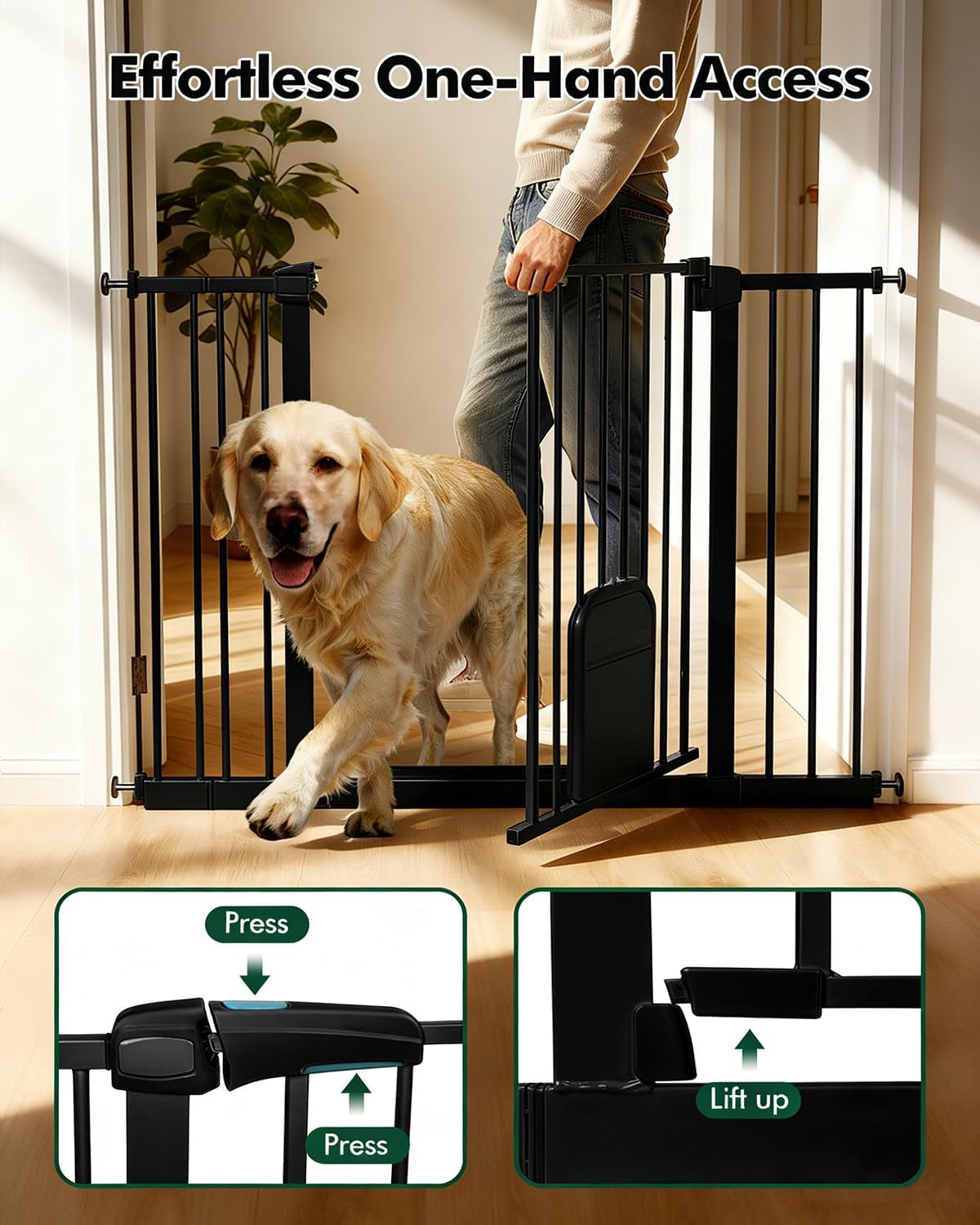 Pet Gate with Adjustable Cat Door, 31–46 Inch Pressure Mounted Dog Gate for Doorways, Stairs and Hallways, Auto Close Walk Through Metal Safety Gate, Easy Install, White