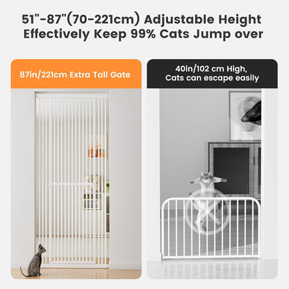 Gardner Pet 51"-87" Extra Tall Cat Gate for Doorway, Wide Adjustable 27.56"-37" Baby Gate Included 4 Extension Kits, Pressure Mounted Safety Full Door Gate for Stairs, Studio, Kitchen (White)