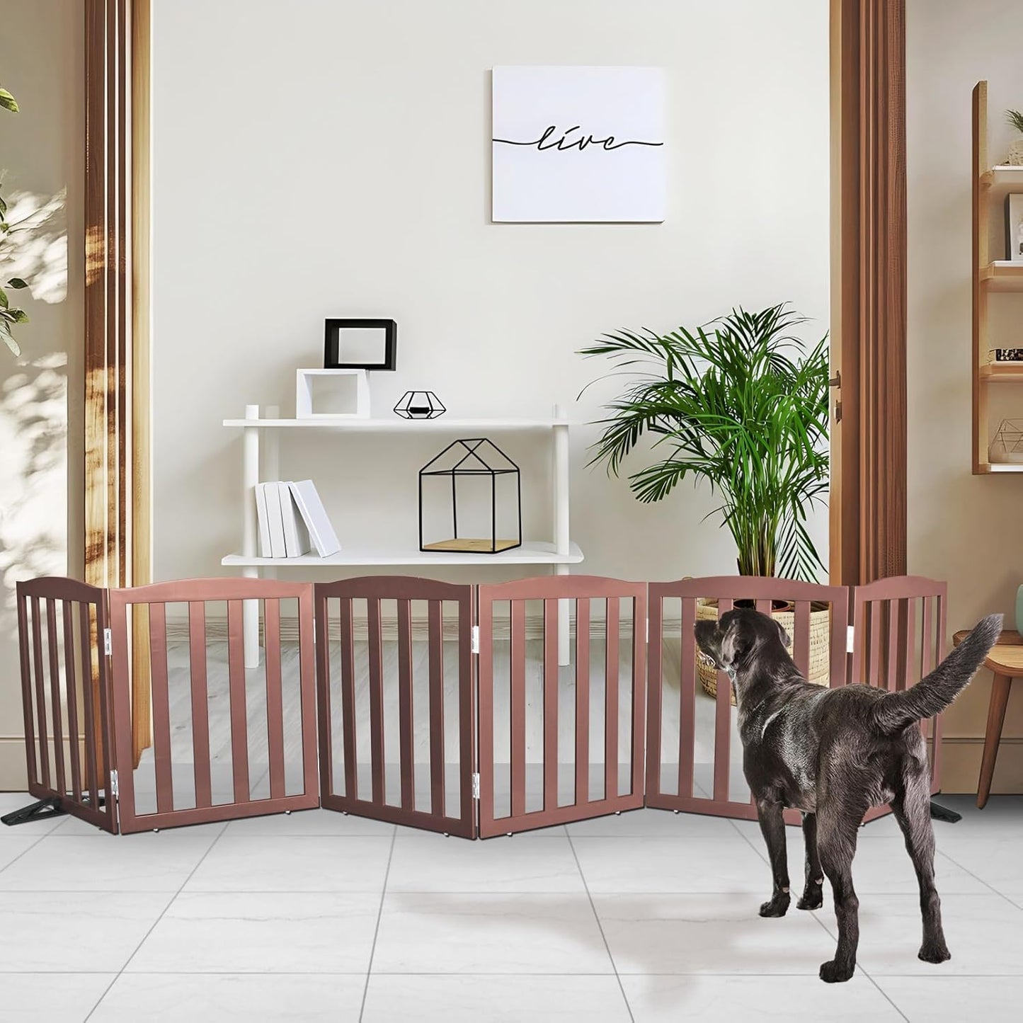 Freestanding Dog Gate Indoor,Doggie Gate Foldable Pet Gates for Doorways,Stairs or Hallways, Wooden Brown Pet Gate for the House, Pet Fence with Support Feet Included,24 "Height-3 Panels