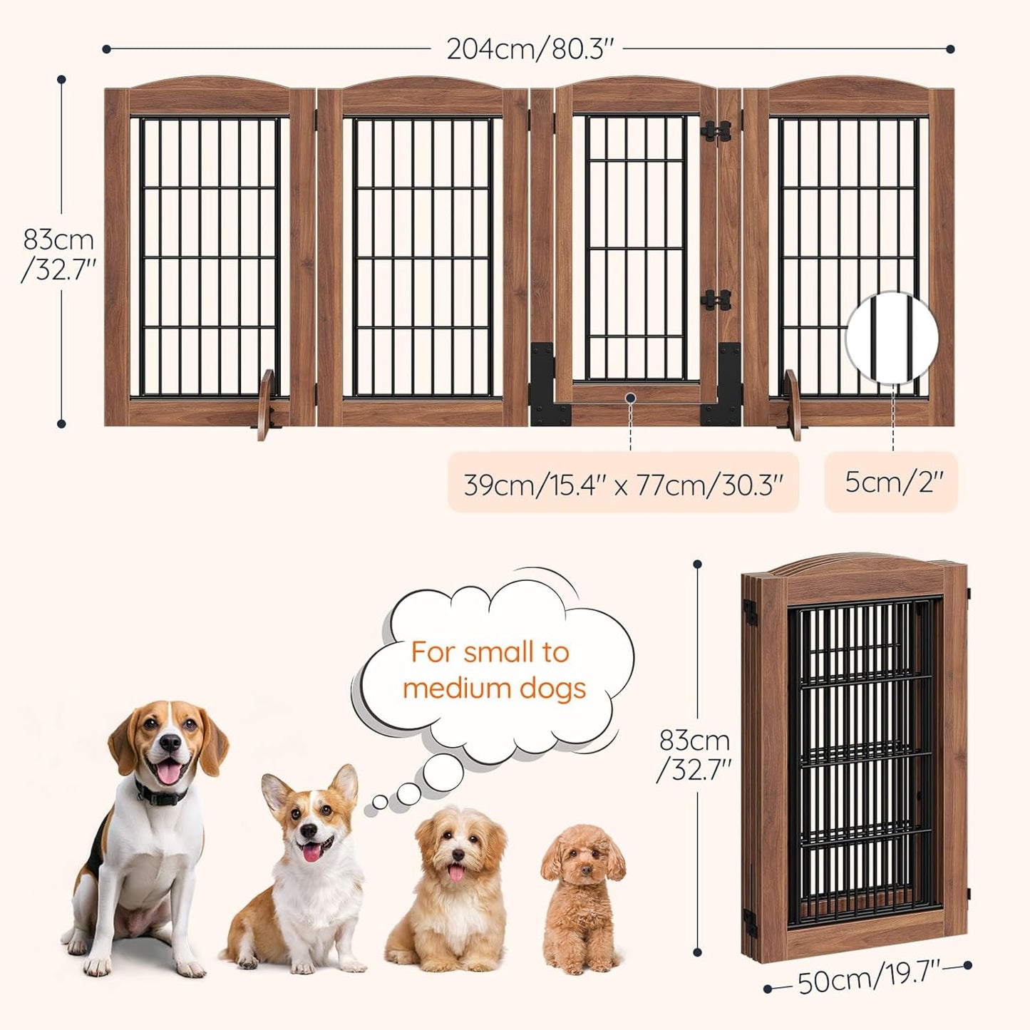 HOOBRO Dog Gate with Door Walk Through, 24.8'' Tall Freestanding Pet Gate with 2 Support Feet, Foldable Dog Fence Indoor, 360° Rotating Hinges, for Doorways, Stairs, Walnut BH85PP03