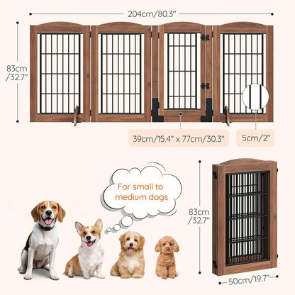 HOOBRO Dog Gate with Door Walk Through, 24.8'' Tall Freestanding Pet Gate with 2 Support Feet, Foldable Dog Fence Indoor, 360° Rotating Hinges, for Doorways, Stairs, Walnut BH85PP03