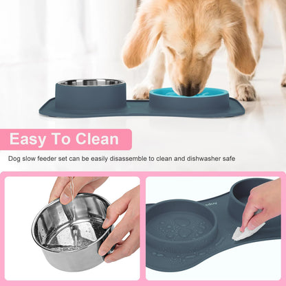 Anipaw Slow Feeder Dog Bowls 3 in 1 Stainless Steel Food and Water Bowls with Non-Spill and Skid Silicone Mat to Slow Down Eating for Large Medium Small Breed Size Dogs and Cats