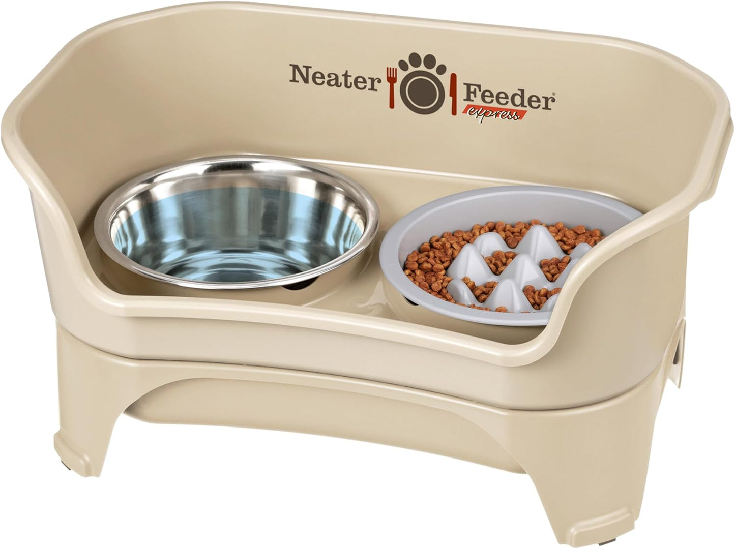 Neater Feeder Express Mess Proof Dog Bowls Elevated for Small Breeds under 15 Lb, Made in USA, No Spill Raised Dog Food Bowl Stand, Stainless Steel Food and Water Bowl Set, Feeding Station, Cappuccino