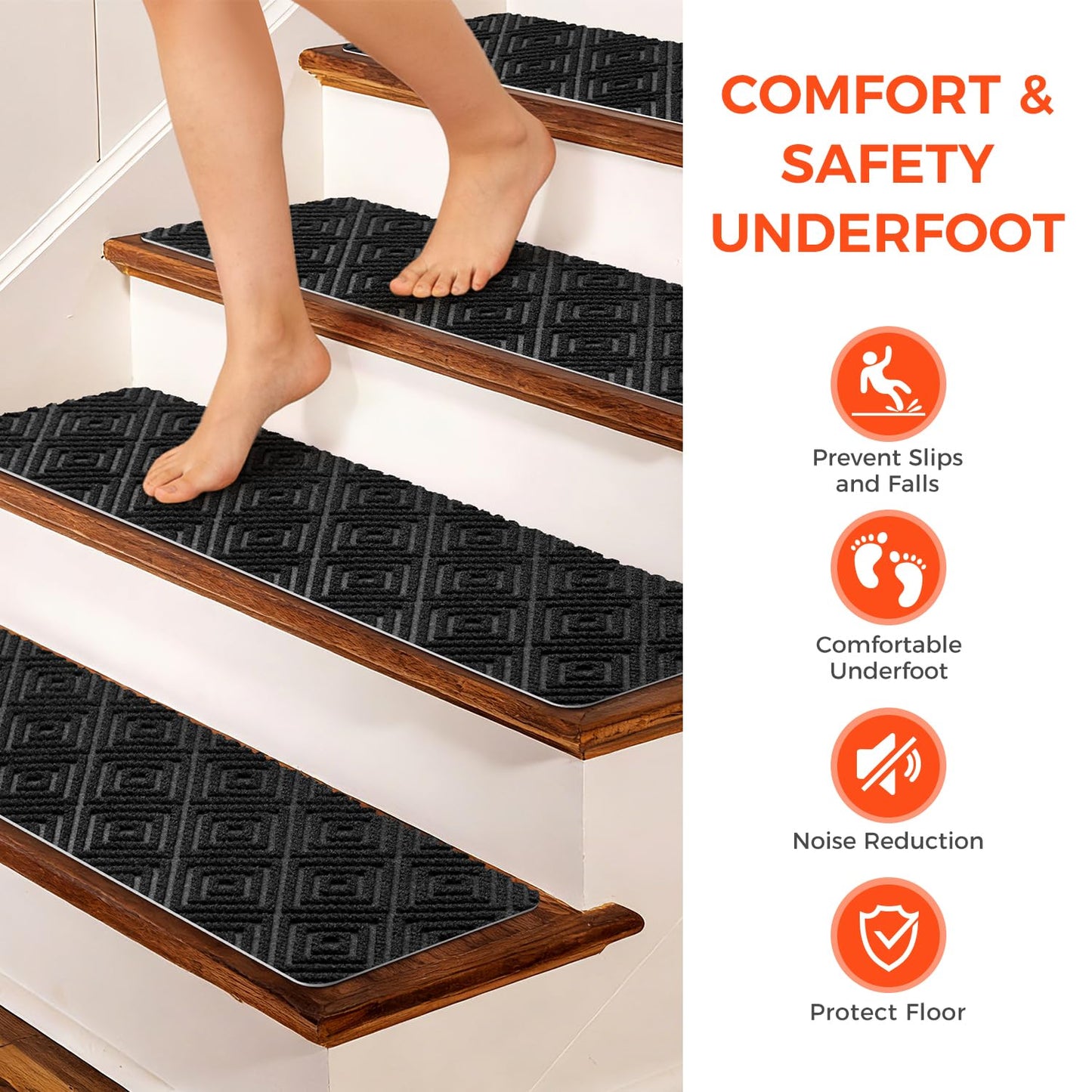 BAGAIL 15 Pack Non-Slip Stair Treads for Wooden Steps, 8"x30" Peel and Stick Carpet Stair Runners, Machine Washable Indoor Step Covers with No-Residue Adhesive for Dogs, Kids & Elderly - Dark Gray