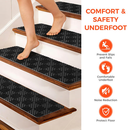 BAGAIL 15 Pack Non-Slip Stair Treads for Wooden Steps, 8"x30" Peel and Stick Carpet Stair Runners, Machine Washable Indoor Step Covers with No-Residue Adhesive for Dogs, Kids & Elderly - Dark Gray