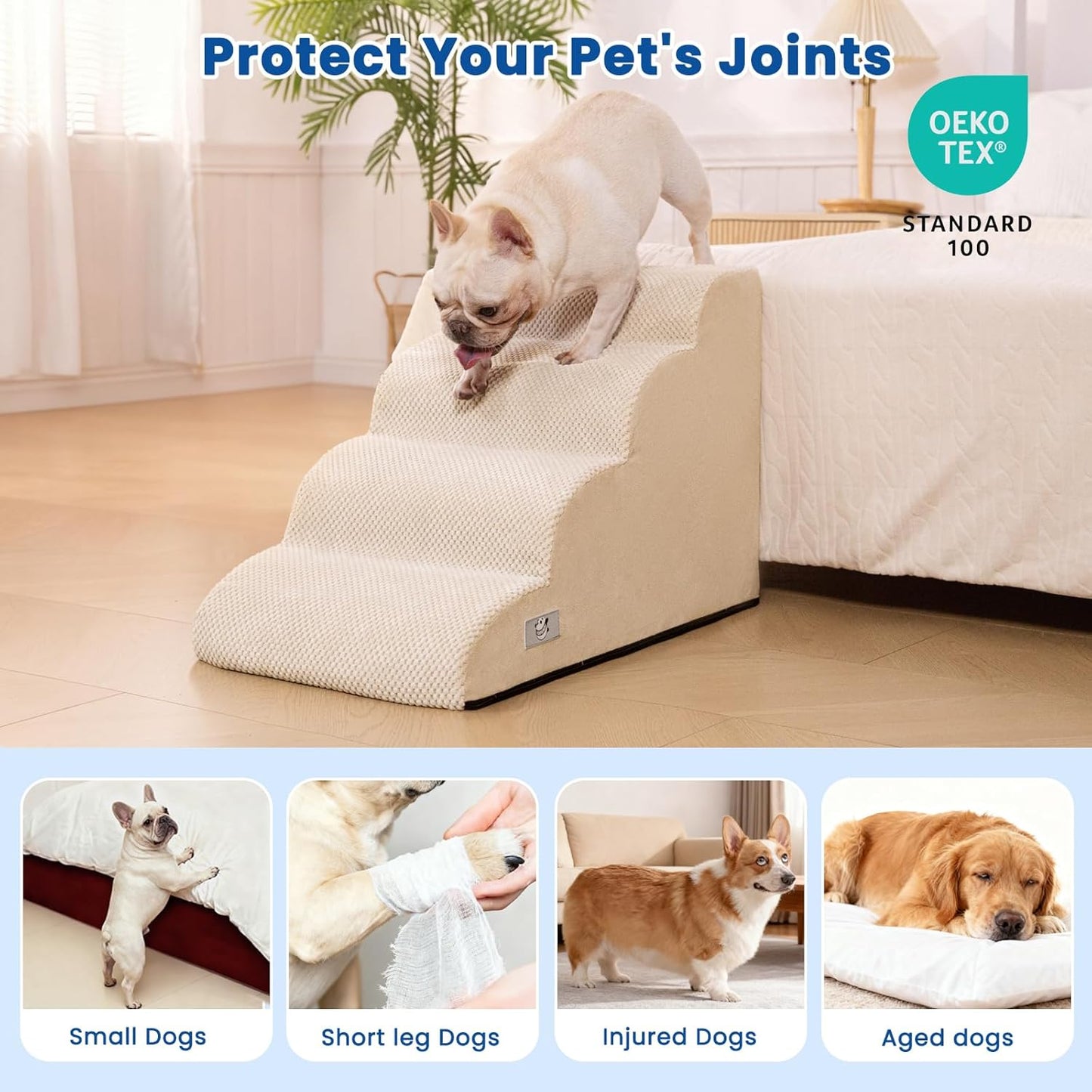 Airpanda Dog Stairs for Small Dogs and Cats – 3 Step Pet Ramp for Couch & Sofa, Non-Slip Dog Steps for Pets, Washable Cover, High-Density Support Foam for Easy Climbing,Beige