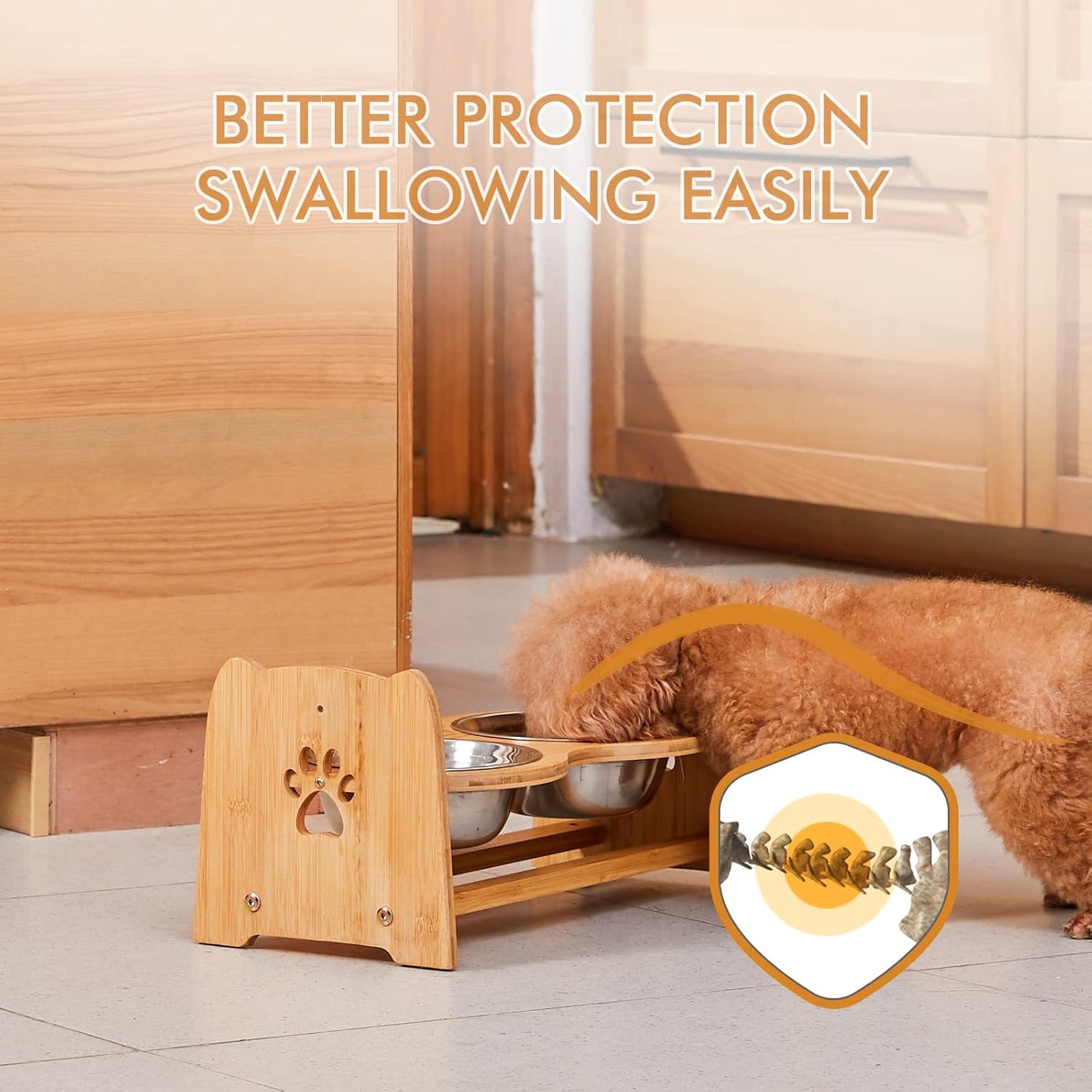 X-ZONE PET Elevated Dog Bowls for Cats and Dogs, Adjustable Bamboo Raised Dog Bowls for Small Dog, Food and Water Set Stand Feeder with 2 Stainless Steel Bowls and Anti Slip Feet (Height 4" to 4.5")