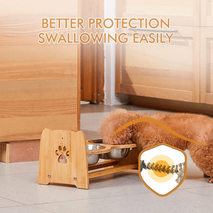 X-ZONE PET Elevated Dog Bowls for Cats and Dogs, Adjustable Bamboo Raised Dog Bowls for Small Dog, Food and Water Set Stand Feeder with 2 Stainless Steel Bowls and Anti Slip Feet (Height 4" to 4.5")