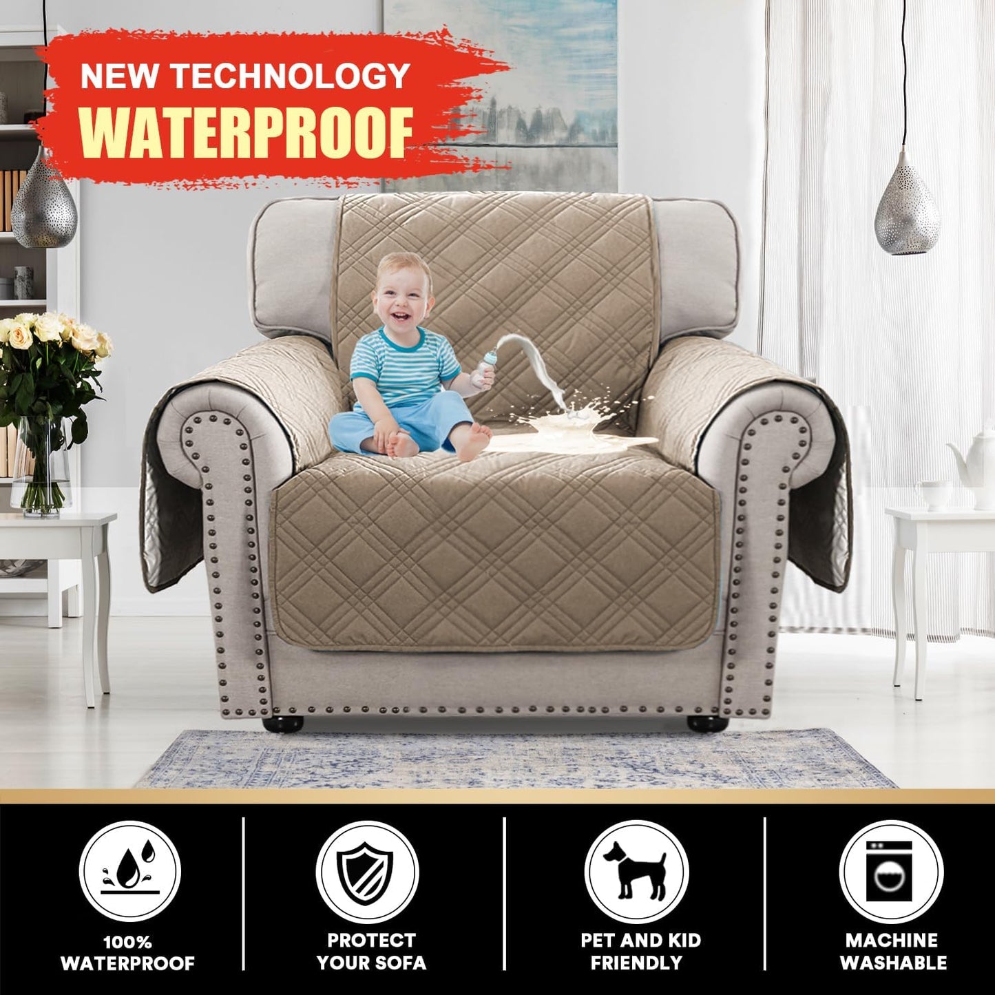 PrinceDeco 100% Waterproof Couch Cover for 3 Cushion Couch Sofa Pet Friendly Non-Slip Couch Cover for Dogs Washable Water Resistant Furniture Protector with Elastic Straps(Sofa 68", French Oak)
