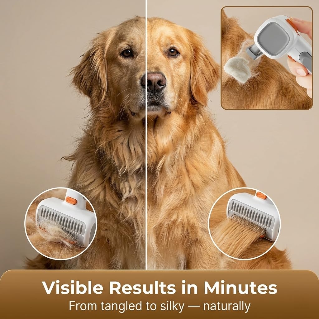 2-in-1 Pet Self Detangling Grooming Comb, Professional Dematting Tool & Undercoat Rake for Long Haired Dogs and Cats, Gentle Deshedding Brush to Remove Mats Tangles and Loose Fur.