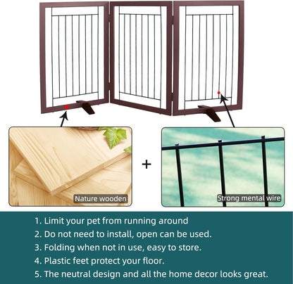ZJSF Freestanding Dog Gate Indoor, Foldable Dog Fence for Doorways,Hallways or Stairs, Sturdy Wood Extra Wide Pet Gate with Support Feet,Black,24 "Height-3 Panels