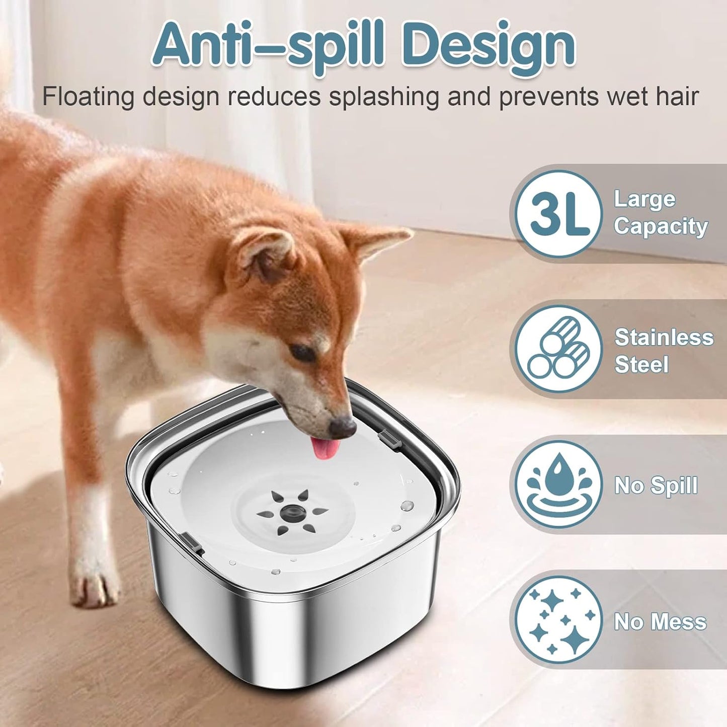 UPSKY 3L Dog Water Bowl 101oz Stainless Steel No Spill Large Capacity Dog Food Water Bowl Slow Water Feeder, Spill Proof Pet Water Dispenser Vehicle Carried Travel Water Bowl