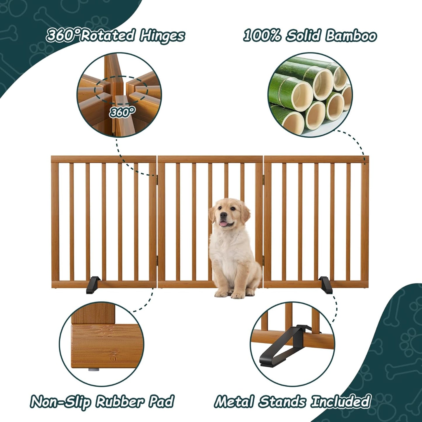 Freestanding Dog Gates Indoor, 3-Panel Pet Gates with 2 Metal Stands and 360° Hinge, 24" H Foldable Dog Gate for Stairs, Doorway, Kitchen, Expands Up to 55" Fully Assembled - Black Walnut