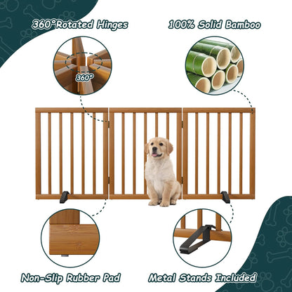Freestanding Dog Gates Indoor, 3-Panel Pet Gates with 2 Metal Stands and 360° Hinge, 24" H Foldable Dog Gate for Stairs, Doorway, Kitchen, Expands Up to 55" Fully Assembled - Black Walnut