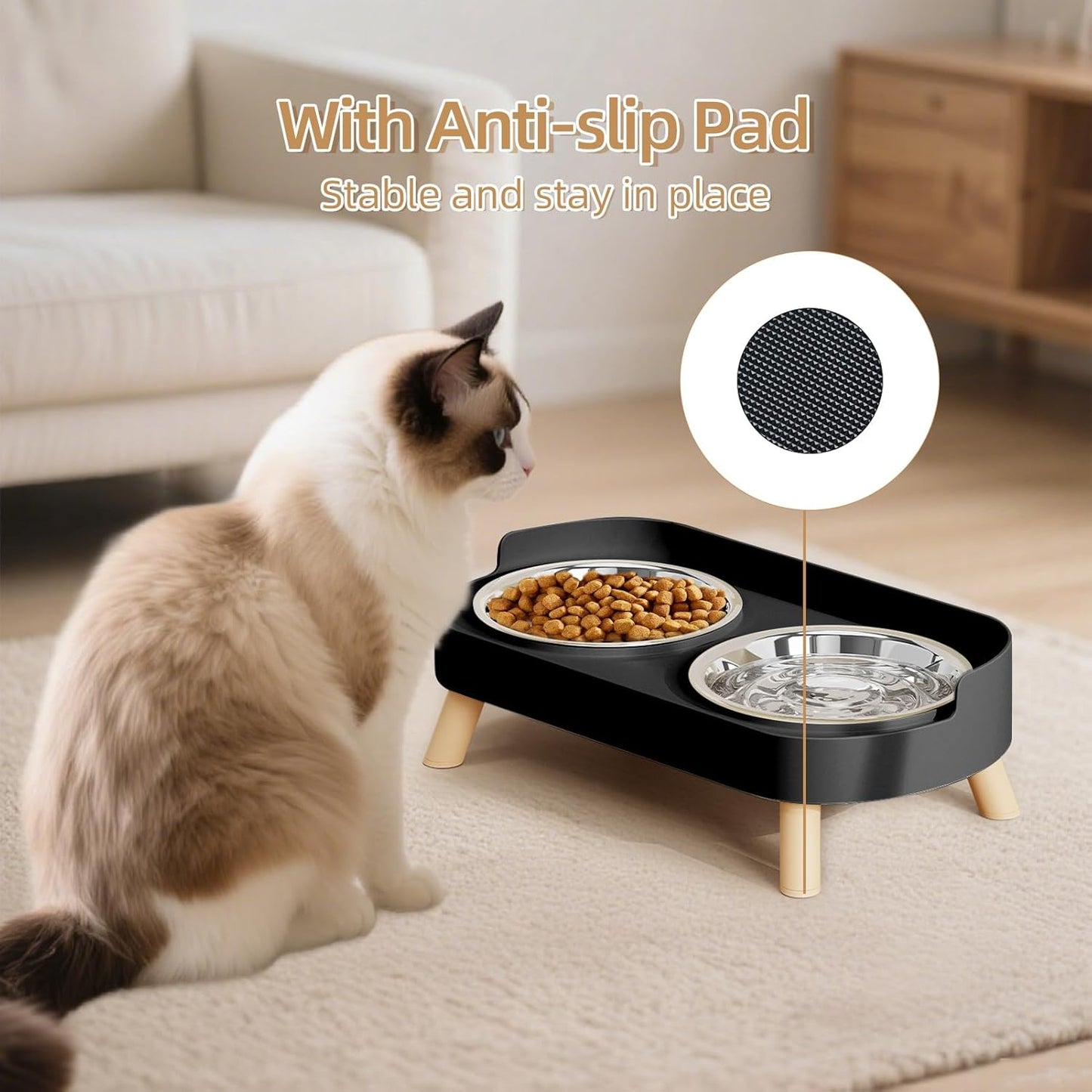 Elevated Cat Bowl, Raised Cat Food and Water Bowl Set for Indoor Cats, Splash Proof with 2 Stainless Steel Pet Food Bowls for Cats and Puppies, Whisker Fatigue and Dishwasher Safe - White