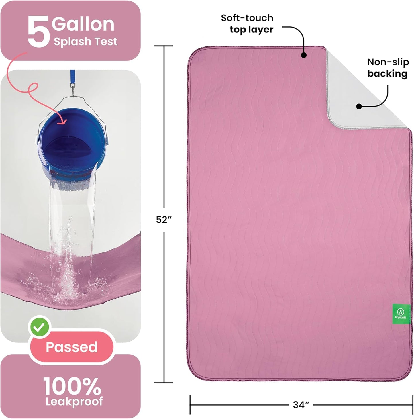 IMPROVIA® Washable Underpads, 34" x 36" (Pack of 4) - Heavy Absorbency Reusable Bedwetting Incontinence Pads for Kids, Adults, Elderly, and Pets - Waterproof Protective Pad for Bed, Couch, Sofa, Floor