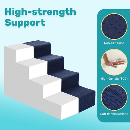 Dog Stairs for Bed, Extra Wide 5-Step Dog Steps for High Bed, High-Density Foam Pet Stairs with Non-Slip Removable Washable Cover for Small Pets, 23" H, Navy