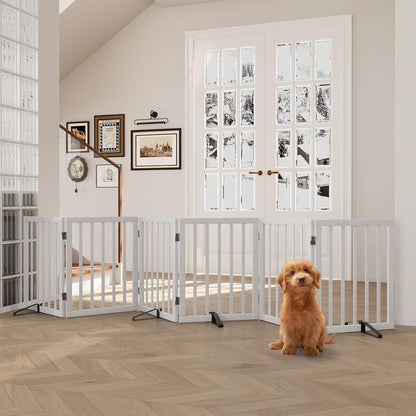 Freestanding Dog Gates Indoor, 3-Panel Pet Gates with 2 Metal Stands and 360° Hinge, 24" H Foldable Dog Gate for Stairs, Doorway, Kitchen, Expands Up to 55" Fully Assembled - Black Walnut