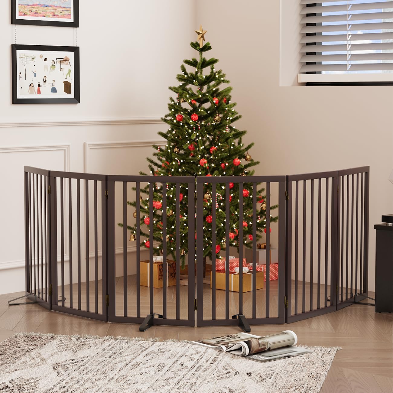 Freestanding Foldable Dog Gate - 4 Panel Room Divider with Metal Support Feet (Black)