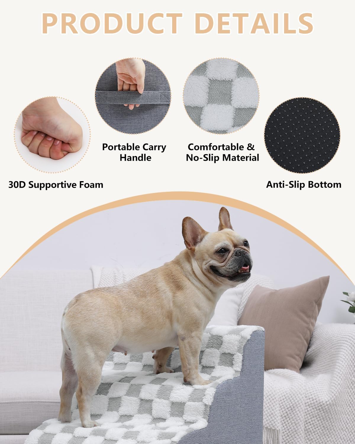 KSIIA Dog Stairs Curved Dog Steps for Bed 3-Tier Pet Stairs Supportive Pet Steps for High Beds Couch Sofa Chair with Removable Washable Cover & Non-Slip Bottom, 22" D x 16" W x 16" H, Grey