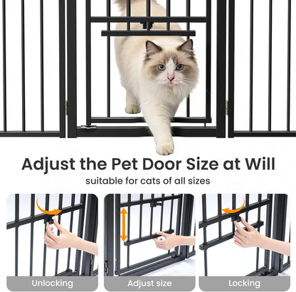 Metal Freestanding Dog Gate with Cat Door for Outdoor Indoor,80" Extra Wide Foldable Pet Fence,30" Tall Dog Gate for Large Opening,Stairs,Hallways,Doorways,Deck,Yard,with 3PCS Support(4 Panels,Black)