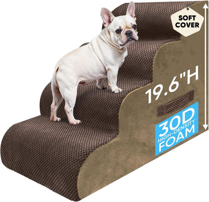 PAWSCRAT Pet Stairs for Dogs 4-Step, 19.6" H Pet Stairs for High Bed, Couch Sofa & Chair, 30D Material Soft Foam Dog Steps with Non-Slip Bottom Surface Removable Washable Cover, Grey