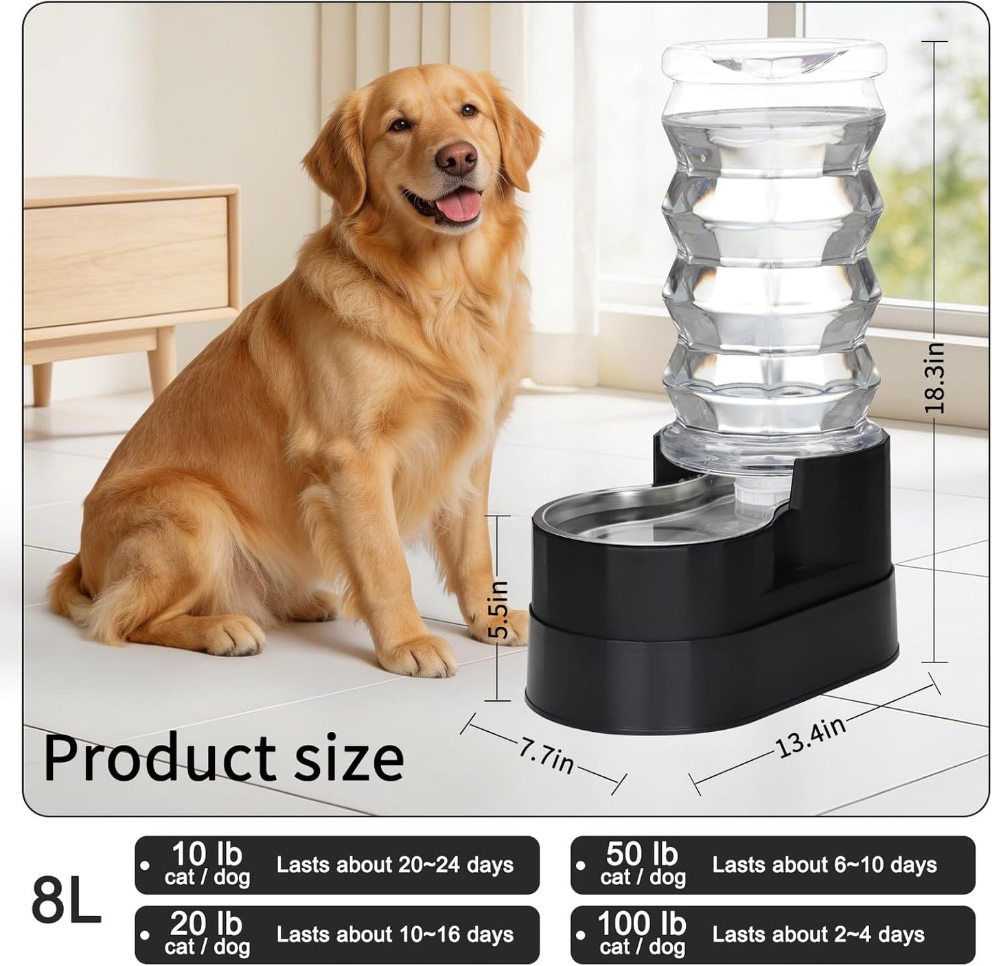 RIZZARI 8L Elevated Pet Water Dispenser – Stainless Steel Gravity Waterer with Auto-Refill Design for Medium and Large Dogs & Senior Pets -Comfortable Drinking Height for Living Rooms,Multi-Pet Homes
