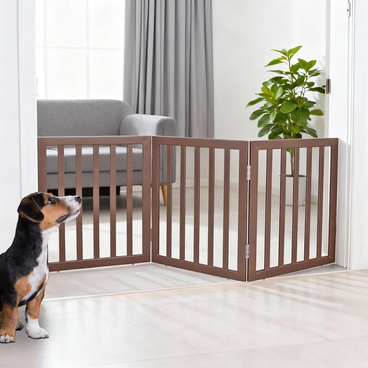 ZJSF Freestanding Indoor Dog Gate for House Foldable Wood Brown Puppy Gate for Doorways Pet Gate for Stairs Extra Wide Pet Fence 24" Height 2 Panels