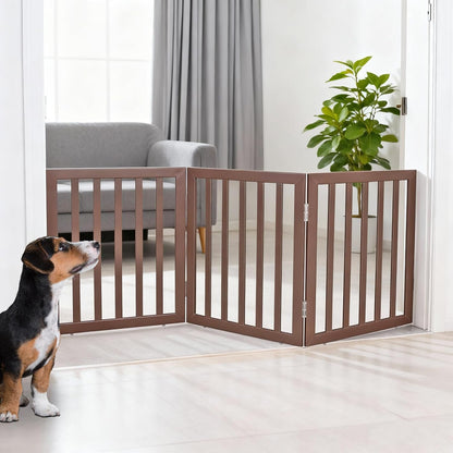 ZJSF Freestanding Indoor Dog Gate for House Foldable Wood Brown Puppy Gate for Doorways Pet Gate for Stairs Extra Wide Pet Fence 24" Height 2 Panels