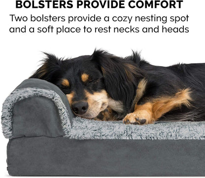 Furhaven Memory Foam Dog Bed for Large Dogs w/ Removable Bolsters & Washable Cover, For Dogs Up to 95 lbs - Two-Tone Plush Faux Fur & Suede L Shaped Chaise - Espresso, Jumbo/XL