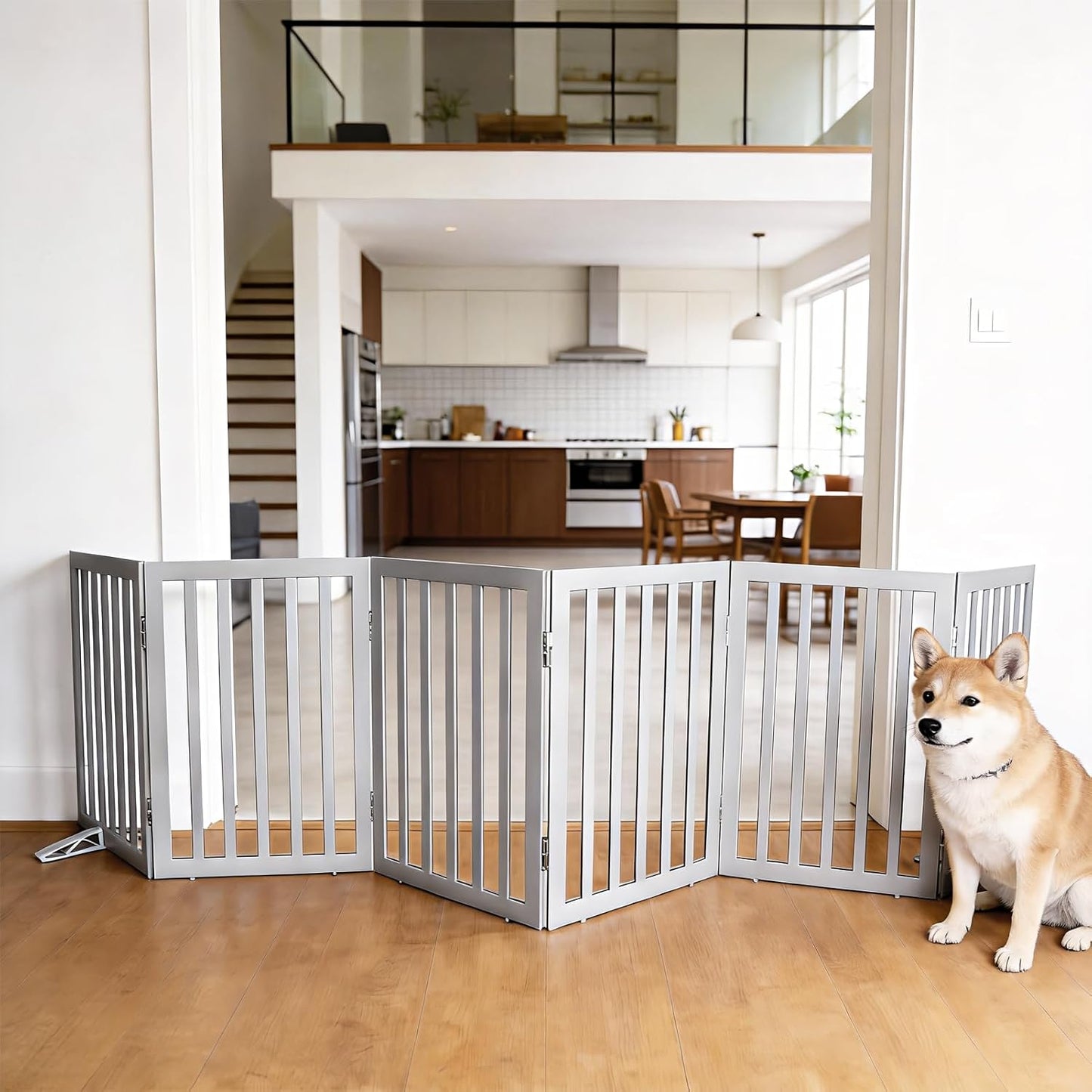 Dog Gate Indoor, Freestanding Dog Fence for The House, Doorways, Hallways,or Stairs,Pet Gate Foldable Wooden,Expandable 24" Height 3 Panels,White