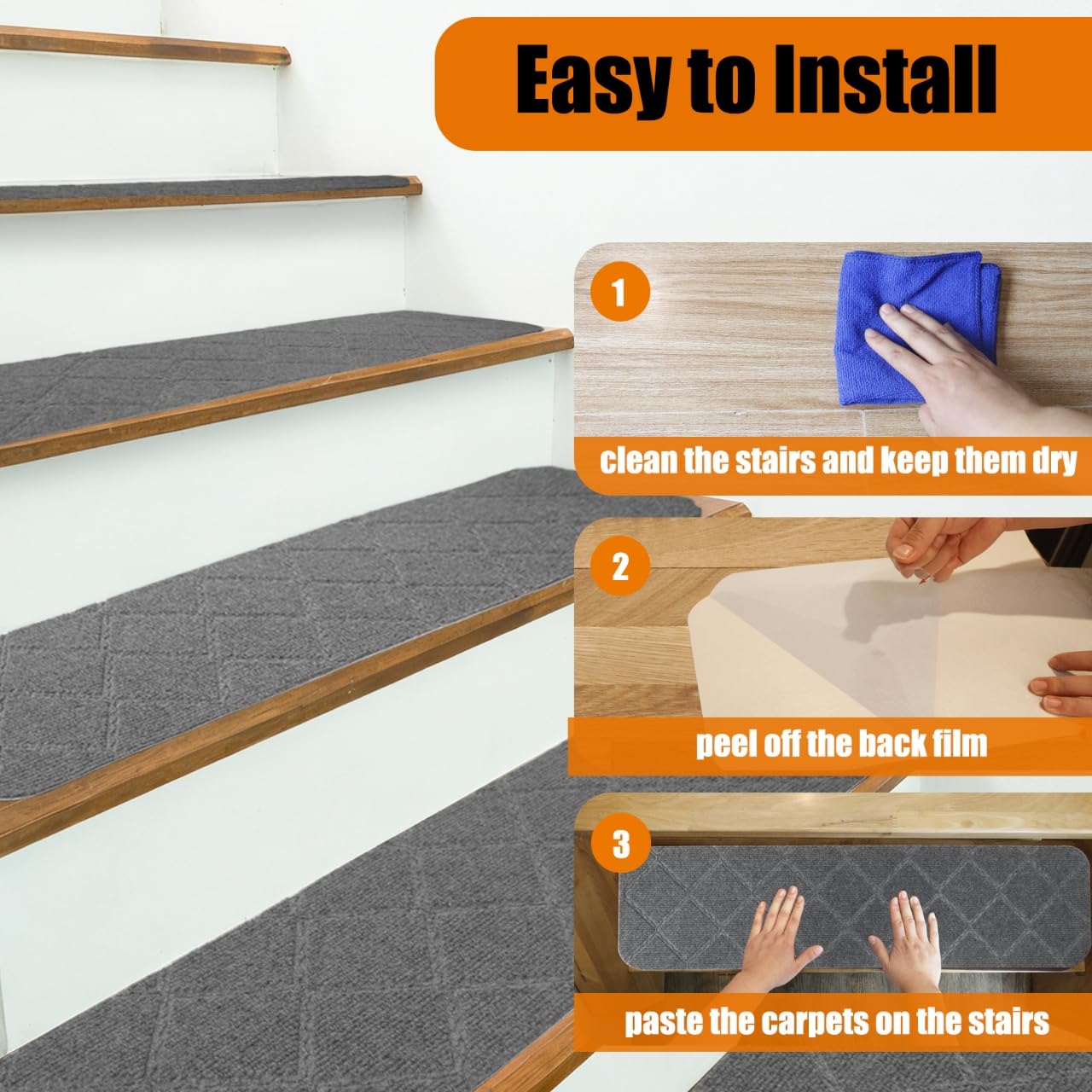 9"X36" Stair Treads Carpet Non-Slip for Wooden Steps Indoor, Machine Washable and Reusable with Tape Free Self-Adhesive Back for Pets, Set of 4, Grey