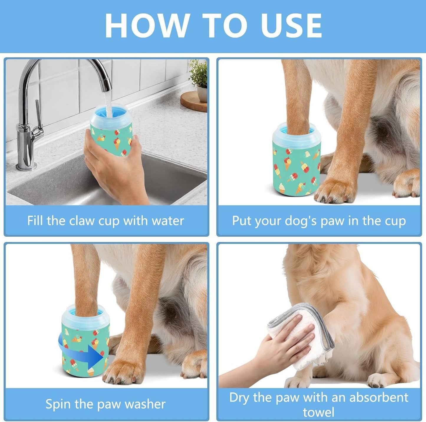 Ice Cream Teal Pattern Dog Paw Cleaner Cup with Soft Silicone Brush, Small Lightweight Portable Muddy Paw Washer for Dogs, Easy to Use Pet Foot Cleaner