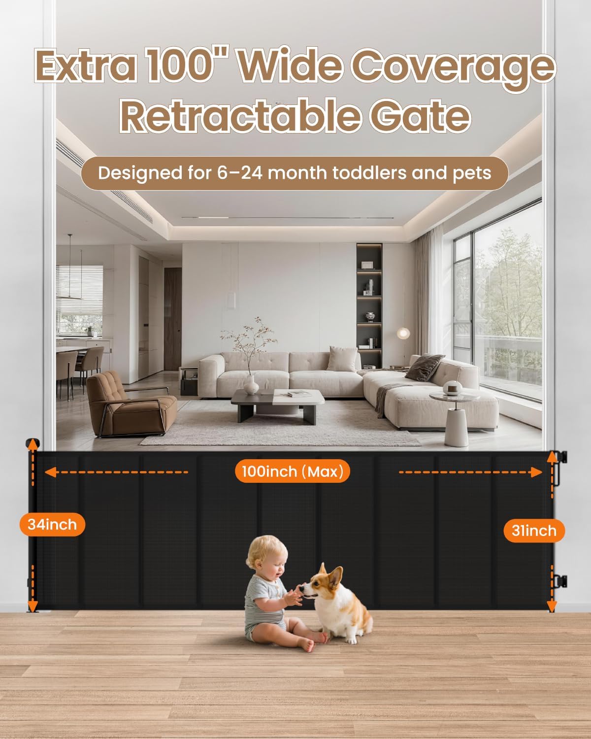 Retractable Baby Gate, 55" Wide Mesh Gate with 4 Reinforced Rods, Prevents Kids & Dogs from Crawling Under, 34" Tall Easy-to-Use Pet Gate for Stairs, Bedrooms, Hallways, Indoor/Outdoor, White