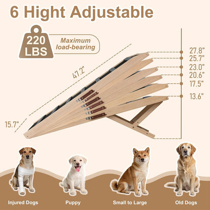 Dog Ramp for Bed, 43.5" Long Wooden Foldable Dog Ramp, 6 Adjustable Heights from 14" to 26" with Anti-Slip Traction Mat, Portable Pet Ramp for Car, Bed, Couch, Max 200lbs - 43.5inch