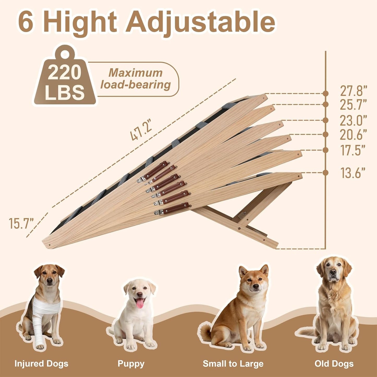 Dog Ramp for Bed, for Couch, 47.24" Long Wooden Pet Ramp for Small & Large Dogs to Get on Bed Couch Car Up to 200LBS, 4 Adjustable Heights (13.7"-24.6"), Foldable Dog Bed Ramp with Anti-Slip Surface