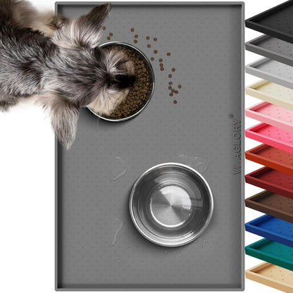 VIVAGLORY Dog Bowl Mat Grippymat Pet Food Mat, Waterproof Washable Nonslip Silicone for Pet & Cat, Food and Water Placemat with Lip & Raised Edges for Indoor Floor, S, Grey