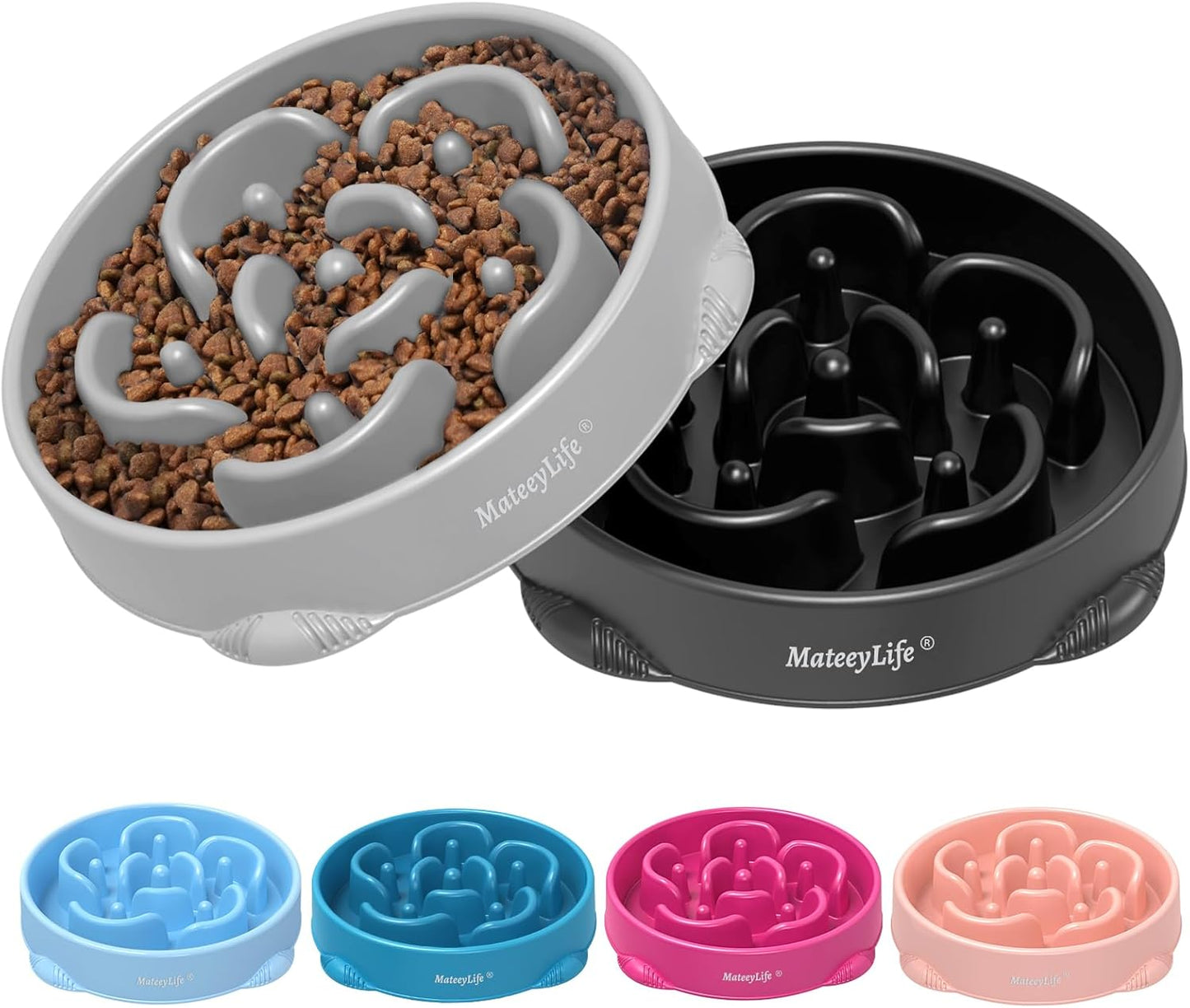 MateeyLife Slow Feeder Dog Bowls 2PCS, Anti-Choking Puzzle Dog Food Bowls, Anti-Slip Interactive Feeding Slow Down Eating, Bloat Stop Maze Dishes for Medium Breeds Pink&Purple