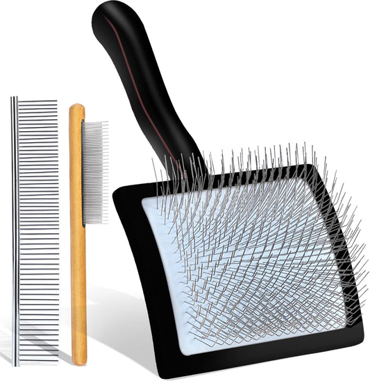 Slicker Brush for Dogs, Large Dog Grooming Brush for Doodles Goldendoodles Poodles Labradoodle Bernedoodles, Long Combs to Wavy & Curly Hair - Wooden Handle 3 Pcs - Nature