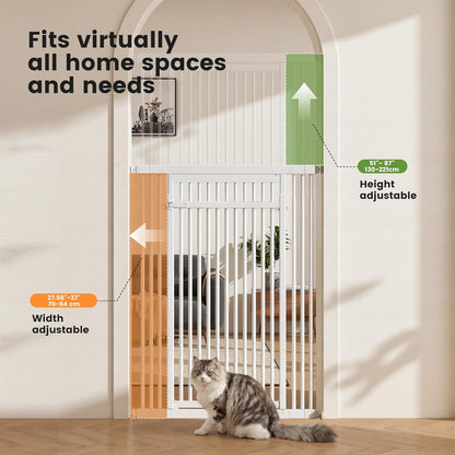 Gardner Pet 51"-87" Extra Tall Cat Gate for Doorway, Wide Adjustable 27.56"-37" Baby Gate Included 4 Extension Kits, Pressure Mounted Safety Full Door Gate for Stairs, Studio, Kitchen (White)