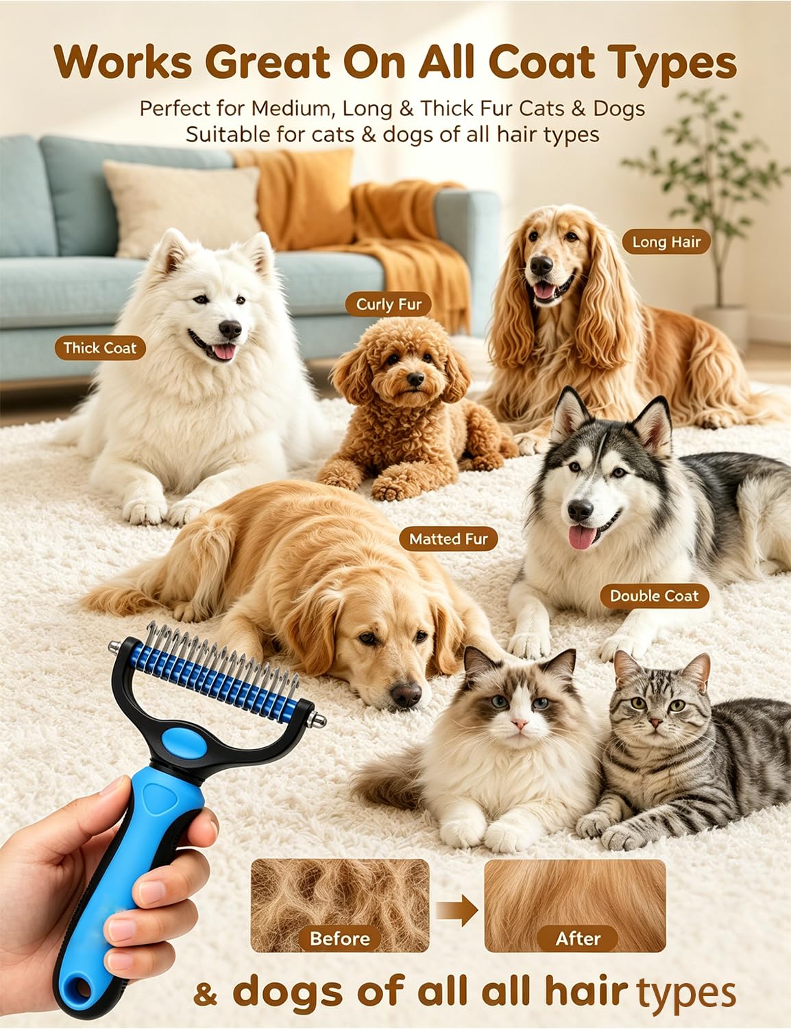 Dual-Sided Pet Grooming Comb for Dogs & Cats – 2-in-1 Dematting Brush & Undercoat Rake for Long, Thick, Curly & Double-Coated Pets (2pcs-Pink)