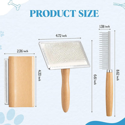 Dog Slicker Brush Set for Shedding Wooden Handle, Pet Deshedding Comb, Long and Short Bristle Comb, Grooming Pin Brush for Dogs Cats, Removes Loose Hair, Mats & Tangles, Grooming Tools Set