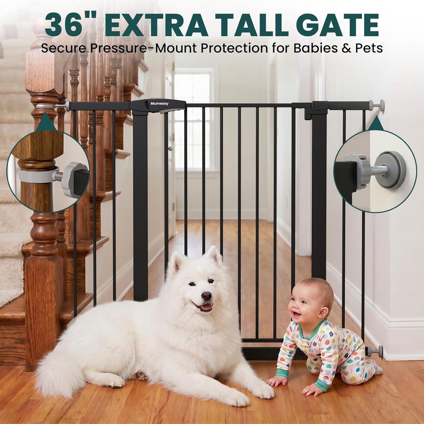 Mumeasy 29.7-46" Baby Gate for Stairs, Pressure Mounted Dog Gate for Doorways, Auto Close Walk Through Pet Gate Indoor, Extra Wide Metal Child Safety Gate, Mom's Choice Awards Winner, Black