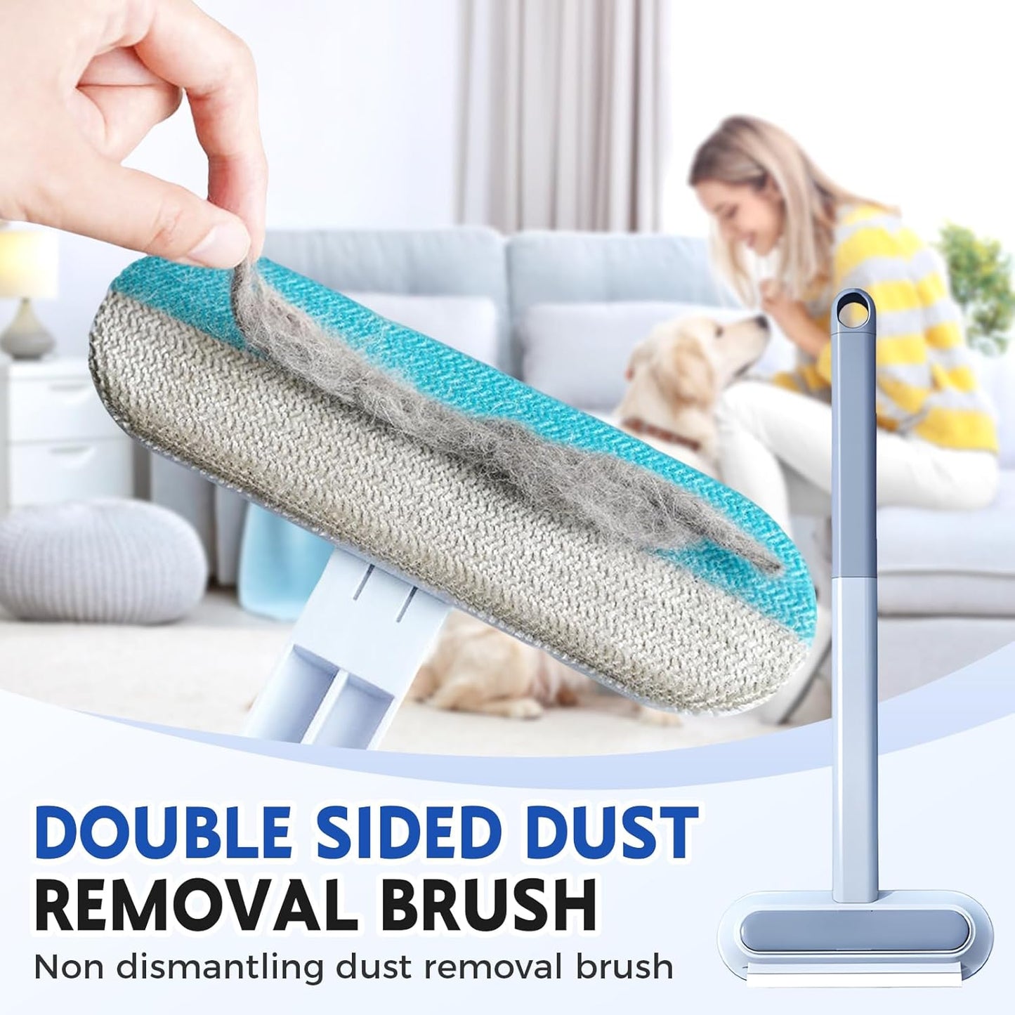 Pet Hair Remover for Couch, 4 in1 Cat and Dog Hair Removal Tool with 17.7inch Long Handle, Washable Cat Hair Remover Brush for Furniture, Couch, Carpet, Clothes and Laundry (1 Set)