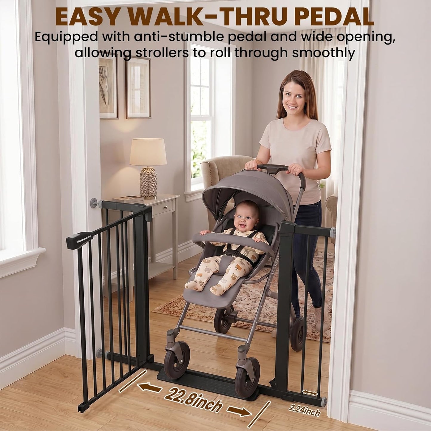 Mumeasy 29.7-46" Baby Gate for Stairs, Pressure Mounted Dog Gate for Doorways, Auto Close Walk Through Pet Gate Indoor, Extra Wide Metal Child Safety Gate, Mom's Choice Awards Winner, Black