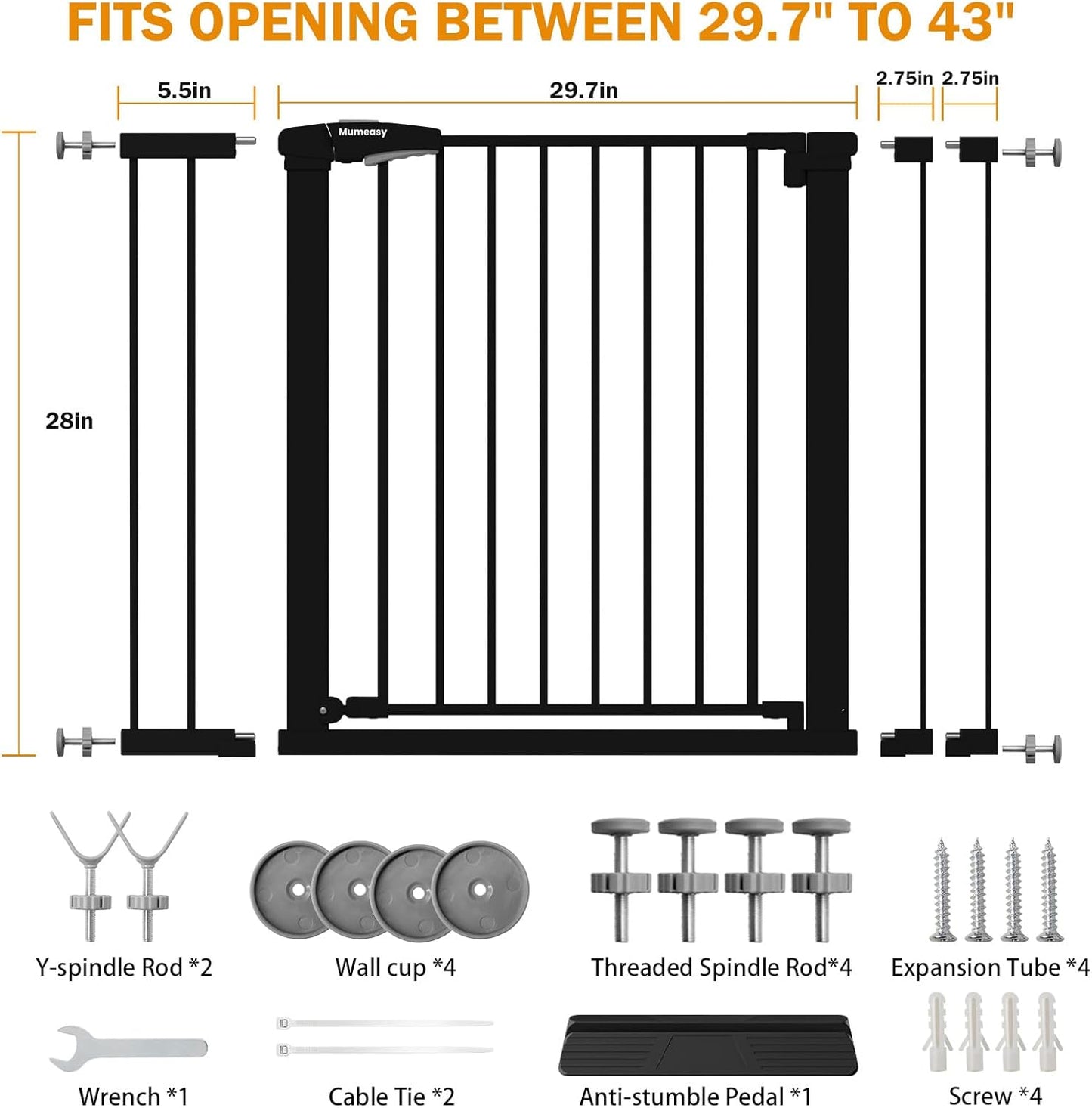 Mumeasy 29.7-46" Baby Gate for Stairs, Pressure Mounted Dog Gate for Doorways, Auto Close Walk Through Pet Gate Indoor, Extra Wide Metal Child Safety Gate, Mom's Choice Awards Winner, Black