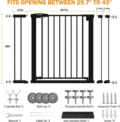 Mumeasy 29.7-46" Baby Gate for Stairs, Pressure Mounted Dog Gate for Doorways, Auto Close Walk Through Pet Gate Indoor, Extra Wide Metal Child Safety Gate, Mom's Choice Awards Winner, Black
