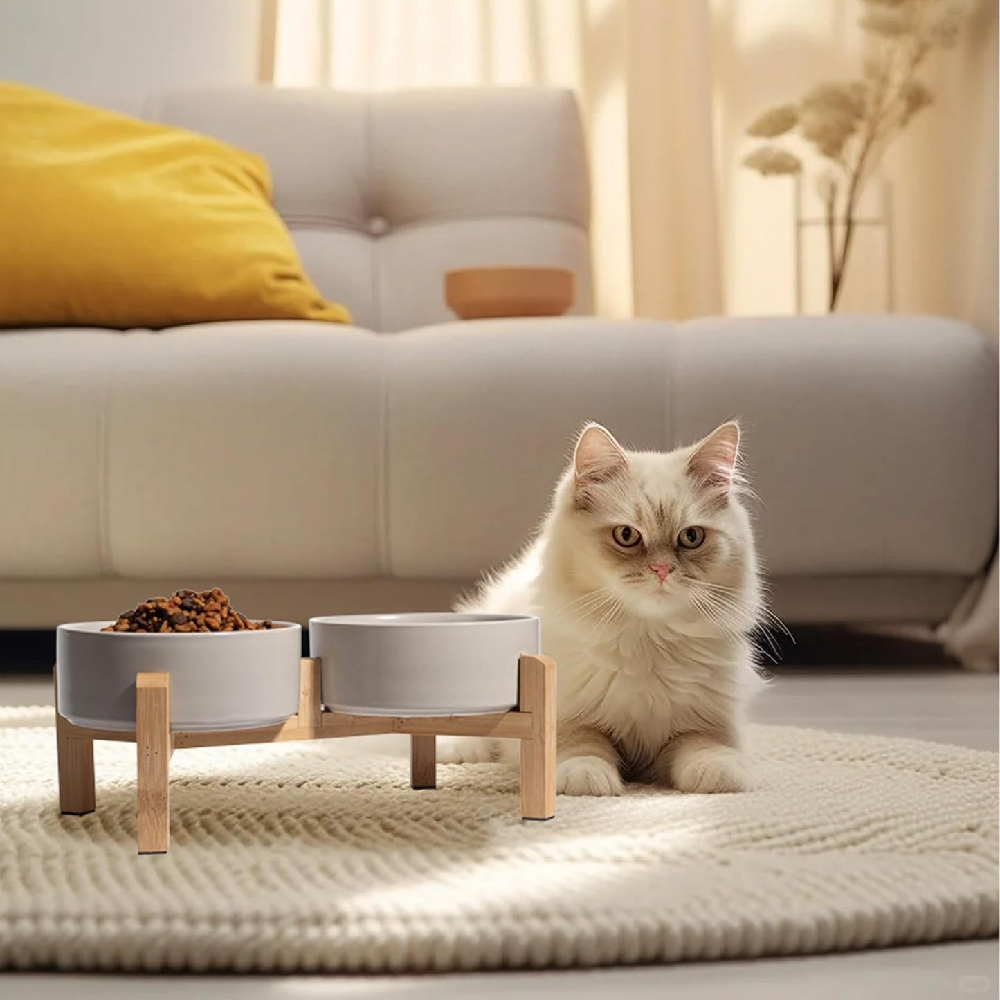 Elevated Ceramic Dog Bowl Set - Raised Dog Bowls with Non-Slip Bamboo Stand - Dog Food and Water Bowl Set - Double Dog Feeding Bowls - Suitable for Small and Medium Dogs - 28.74 OZ - 3.6 CUPS - 850 ML